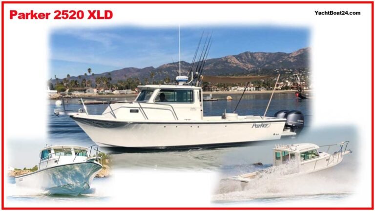 hoto of Parker 2520 XLD boat cruising on the water with a scenic background.