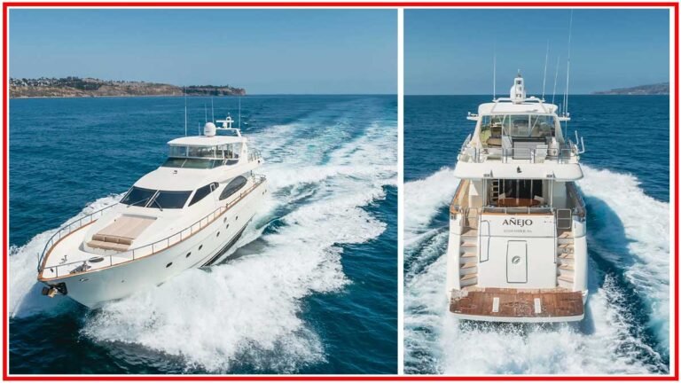 2005 Azimut Motor Yacht ANEJO cruising in the ocean with luxurious design and elegant features, available for sale.