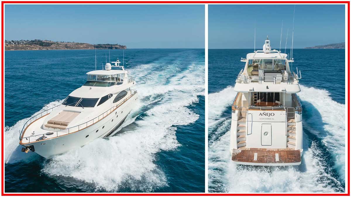 2005 Azimut Motor Yacht ANEJO cruising in the ocean with luxurious design and elegant features, available for sale.