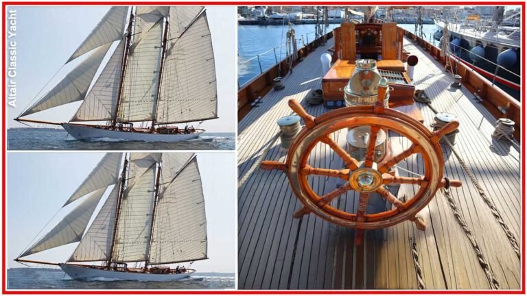 Altair Classic Yacht sailing with full sails and close-up of the wooden steering wheel on the deck.