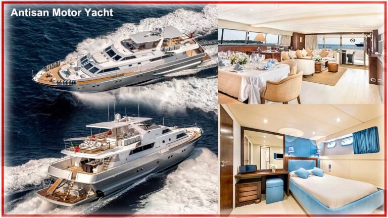 ANTISAN Motor Yacht cruising through the Mediterranean, featuring luxury interiors and spacious deck.