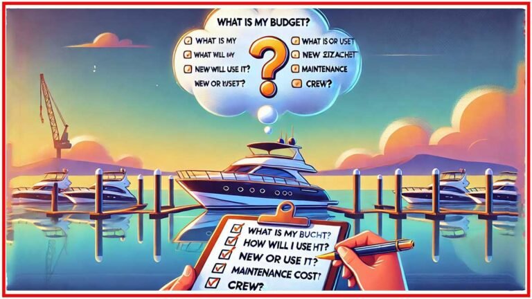 Buying a yacht - Cartoon-style image of a person considering top questions before buying a yacht, with a checklist and yachts in the marina.