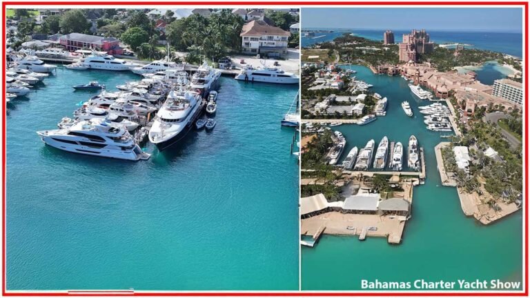 Stunning aerial view of the Bahamas Charter Yacht Show 2025, showcasing luxury yachts docked at the marina.