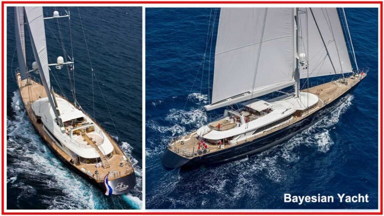 Bayesian Yacht sailing through the ocean with sails up, showcasing its sleek design and luxurious deck.