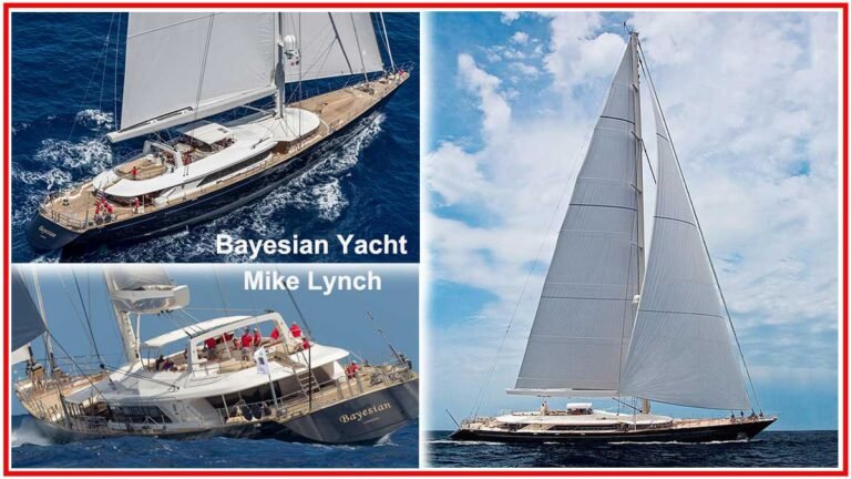 Bayesian Yacht sailing through the open sea, with full sails, amidst the tragic event, with Mike Lynch’s name visible.