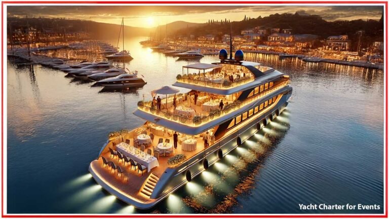 Luxury yacht charter for events, featuring a lavish setting for parties and gatherings, with stunning waterfront views at sunset.