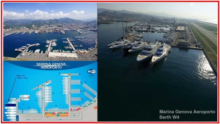 Premier 125m berth W4 at Marina Genova Aeroporto, Genoa, Italy with yachts docked in the marina.