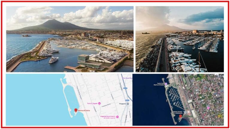 Scenic view of Marina di Stabia with yachts docked, showcasing a prime berth available for charter in Naples, Italy.