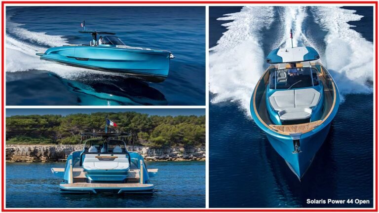 Solaris Power 44 Open cruising on the water with sleek design and luxurious features.