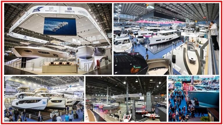 Visitors exploring luxury yachts and boats at the Düsseldorf Boat Show 2025, showcasing top brands and innovative maritime designs.