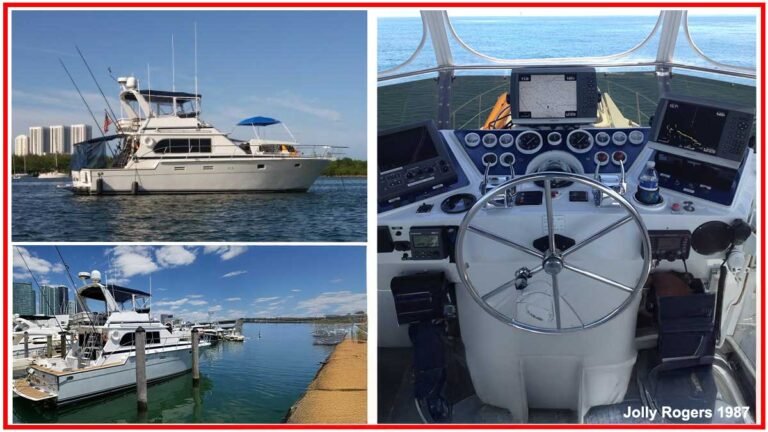 The Jolly Rogers yacht 1987 model docked with a modern navigation dashboard, offering comfort and style.