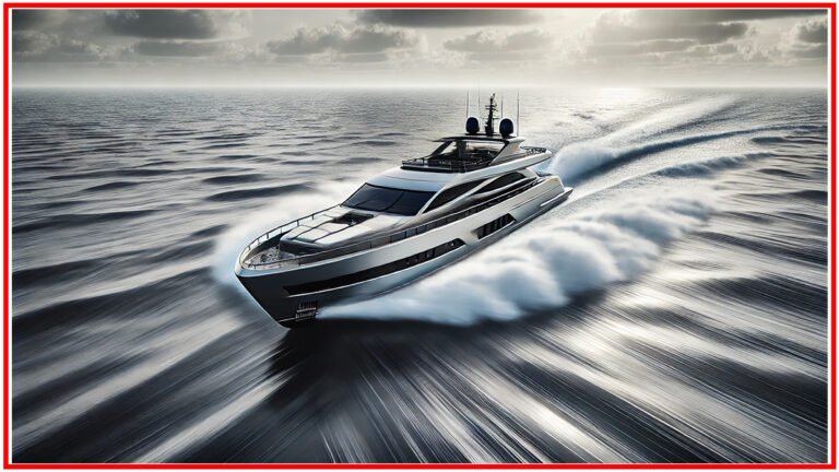 Luxury yacht speeding through the ocean, showcasing sleek design and advanced technology, perfect for modern maritime adventures.