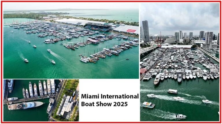Aerial view of the Miami International Boat Show 2025, showcasing luxury yachts and boats on display at the marina.