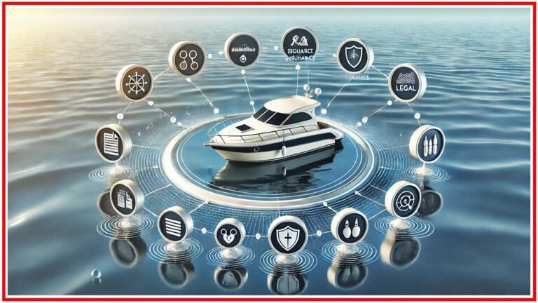 Boat insurance essentials for 2024, featuring coverage options, legal considerations, and protection against damage with icons representing various insurance aspects.
