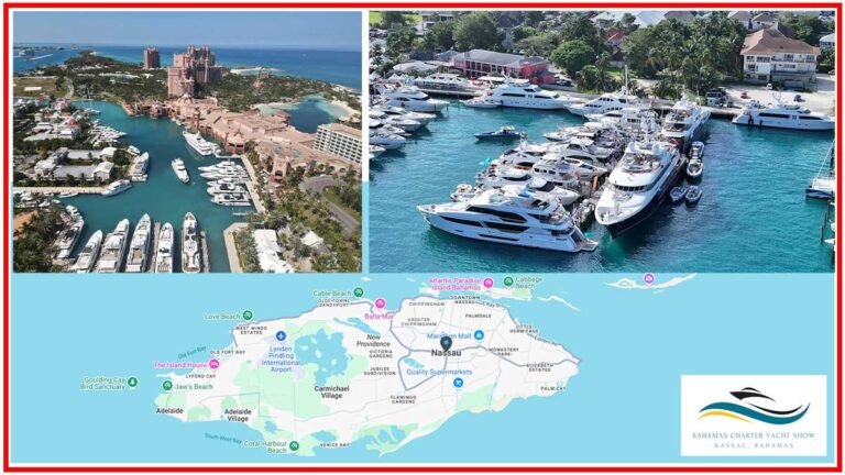 Bahamas Charter Yacht Show 2025 featuring luxury yachts docked at Nassau marinas, with Atlantis Paradise Island and detailed regional maps in the background.