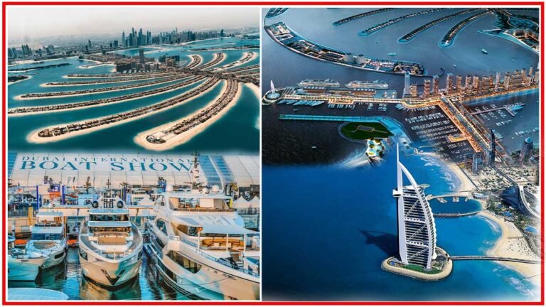 Stunning view of the Dubai International Boat Show 2025 featuring luxury yachts and the iconic Palm Jumeirah in the background, showcasing top yachting brands.