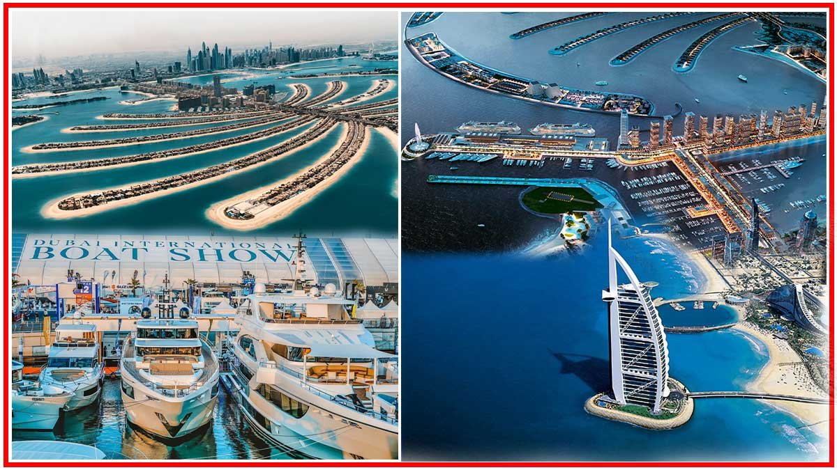 Stunning view of the Dubai International Boat Show 2025 featuring luxury yachts and the iconic Palm Jumeirah in the background, showcasing top yachting brands.