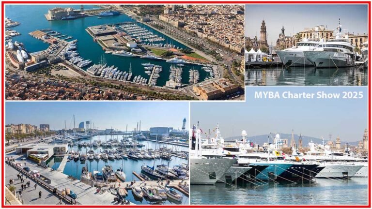 Aerial and close-up views of luxury yachts at the MYBA Charter Show 2025, featuring the city skyline and vibrant marina settings.