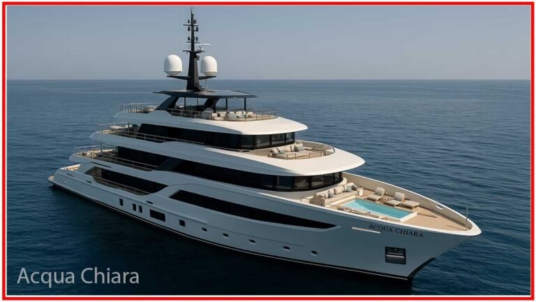 Acqua Chiara superyacht cruising on blue sea with sleek white hull and infinity pool at bow