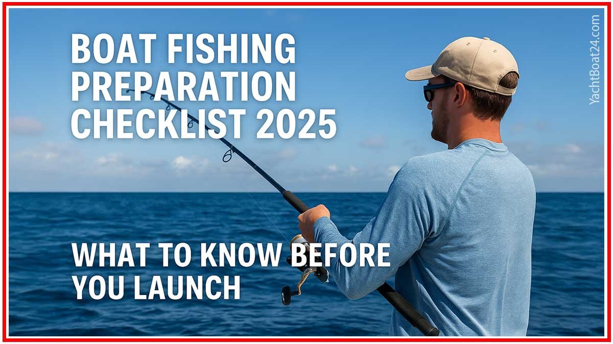 Angler aboard a boat with fishing rod, ocean backdrop, preparing for boat fishing preparation trip