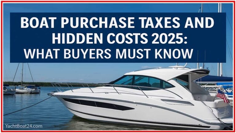 White motor yacht docked in a marina under clear sky illustrating boat purchase taxes and hidden costs