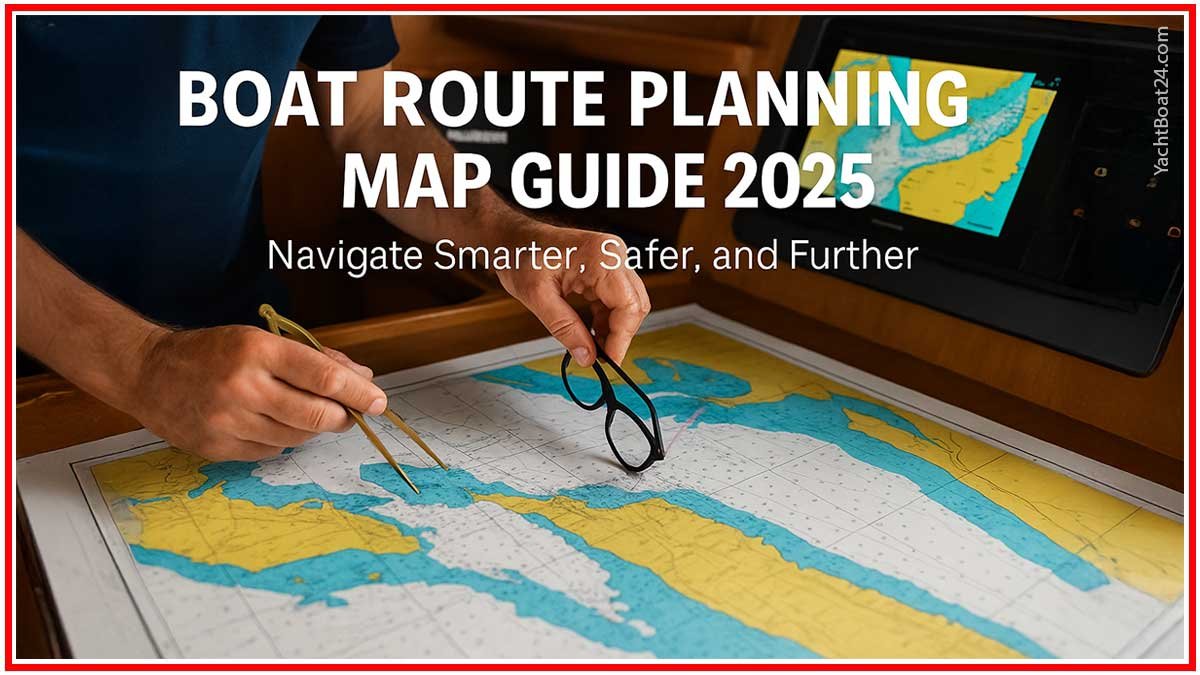 Hands plotting a nautical course on a boat route planning map with digital chart display