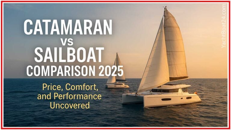 Catamaran vs monohull sailing side by side during sunset, illustrating key differences in design and style
