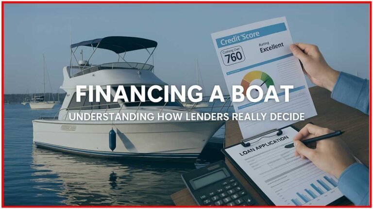Financing a Yacht - Motor yacht at marina with person reviewing credit score and loan application forms