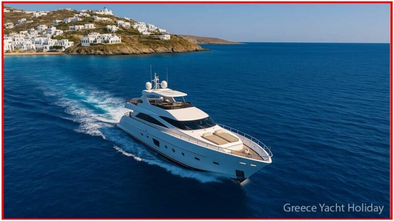 A luxurious yacht gliding across the Aegean Sea during a Greece yacht holiday, with whitewashed island buildings and rocky coastline in the background.