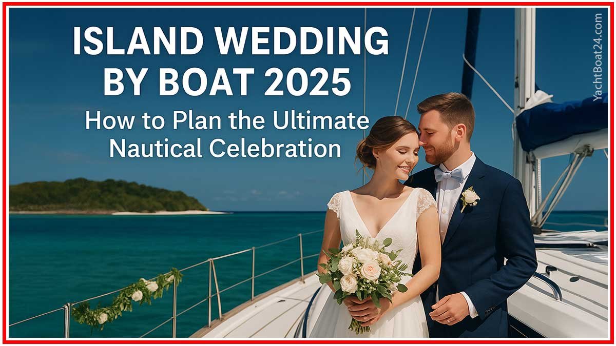 Newlywed couple on yacht celebrating island wedding by boat 2025 under sunny blue sky