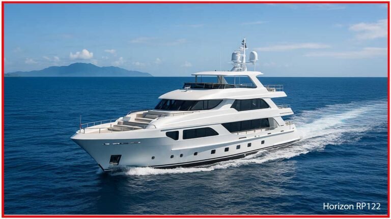 Modern white superyacht Miss Michelle cruising on calm blue ocean under clear sky.