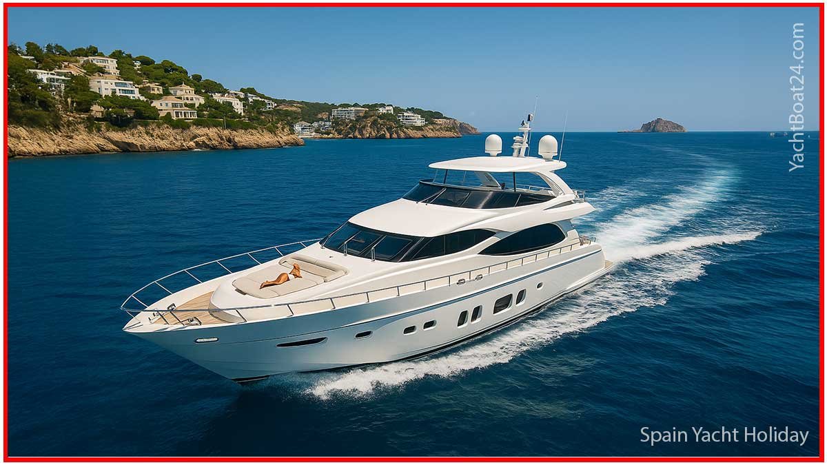 A sleek luxury yacht gliding along the Mediterranean coastline during a Spain yacht holiday, with rocky cliffs and whitewashed villas in the background.