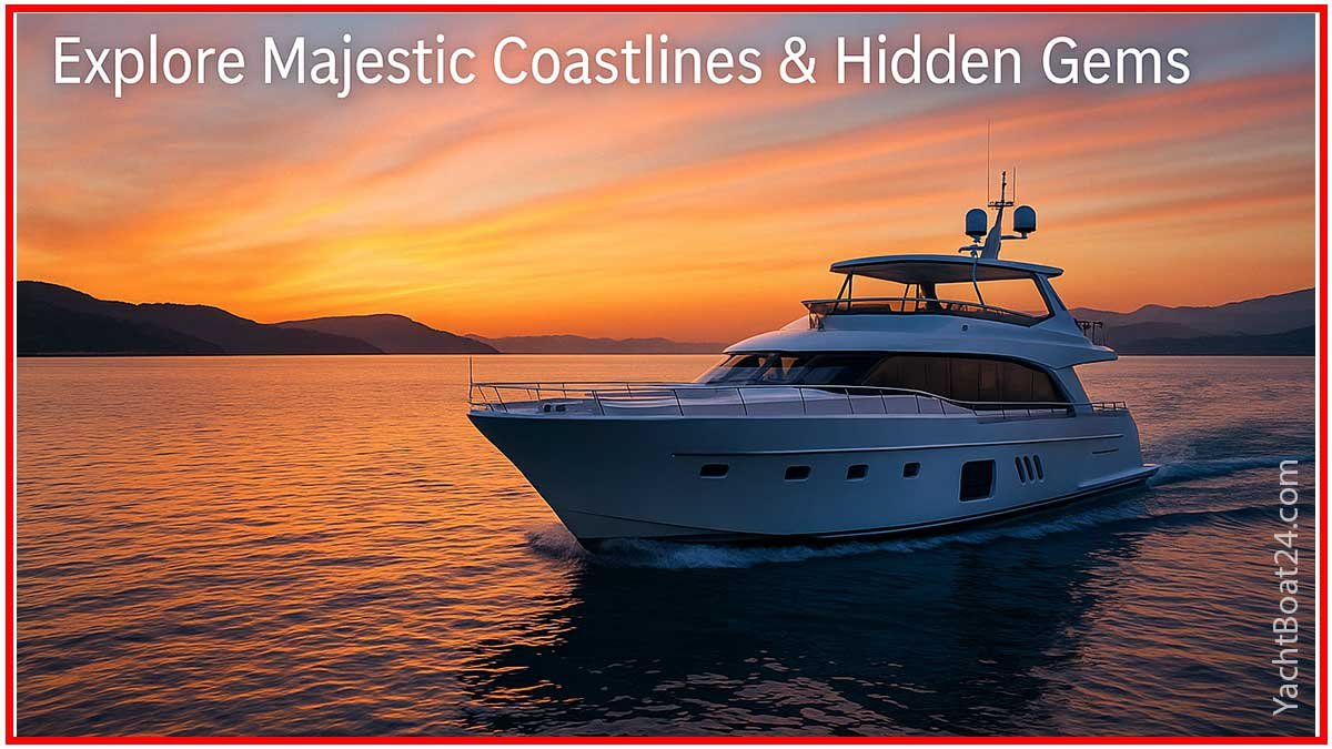 Sleek modern yacht gliding at sunset for US yacht charter experience
