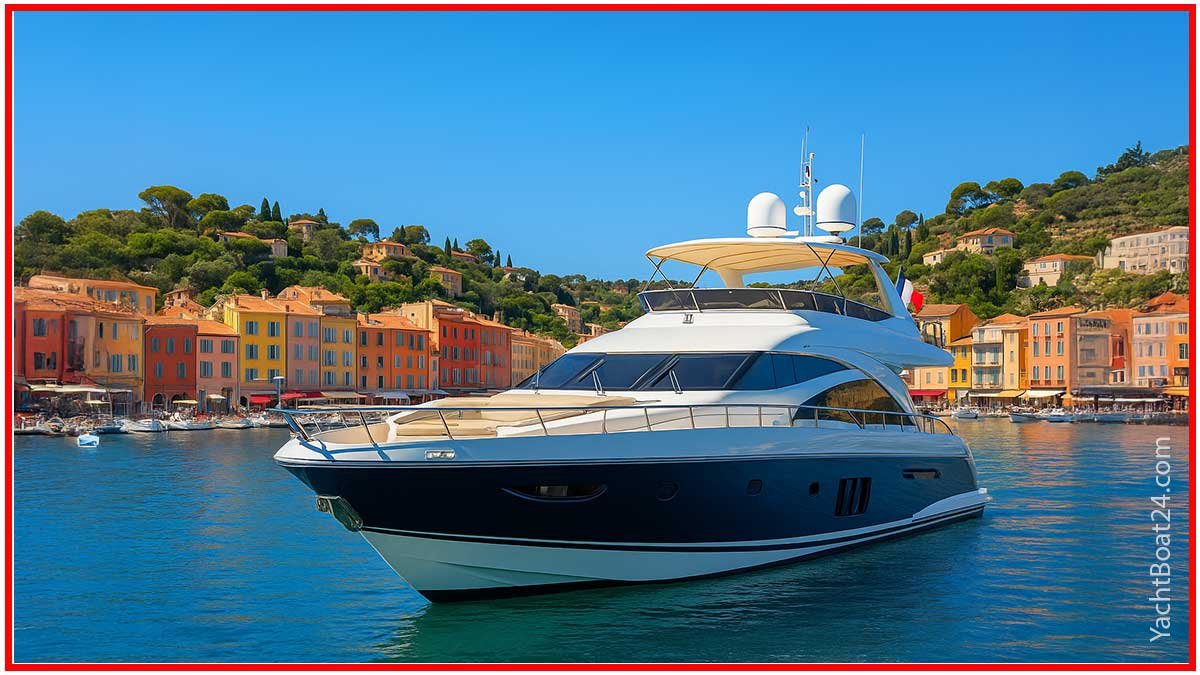 A luxury yacht moored at a vibrant harbor during a France yacht holiday, with colorful Côte d’Azur buildings and green hills in the background.