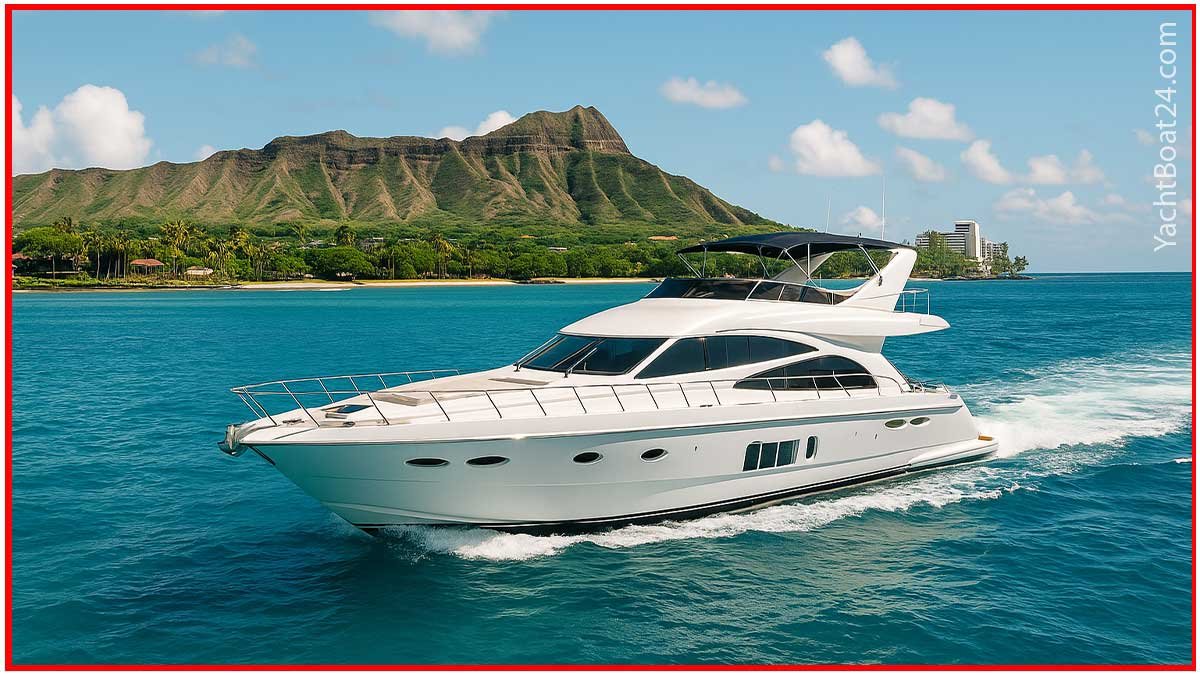 A luxury yacht gliding past Diamond Head during a Hawaii yacht travel adventure, with clear turquoise waters and tropical scenery.
