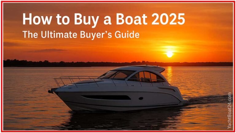 Modern motorboat at sunset for how to buy a boat guide 2025 with US yacht charter tips