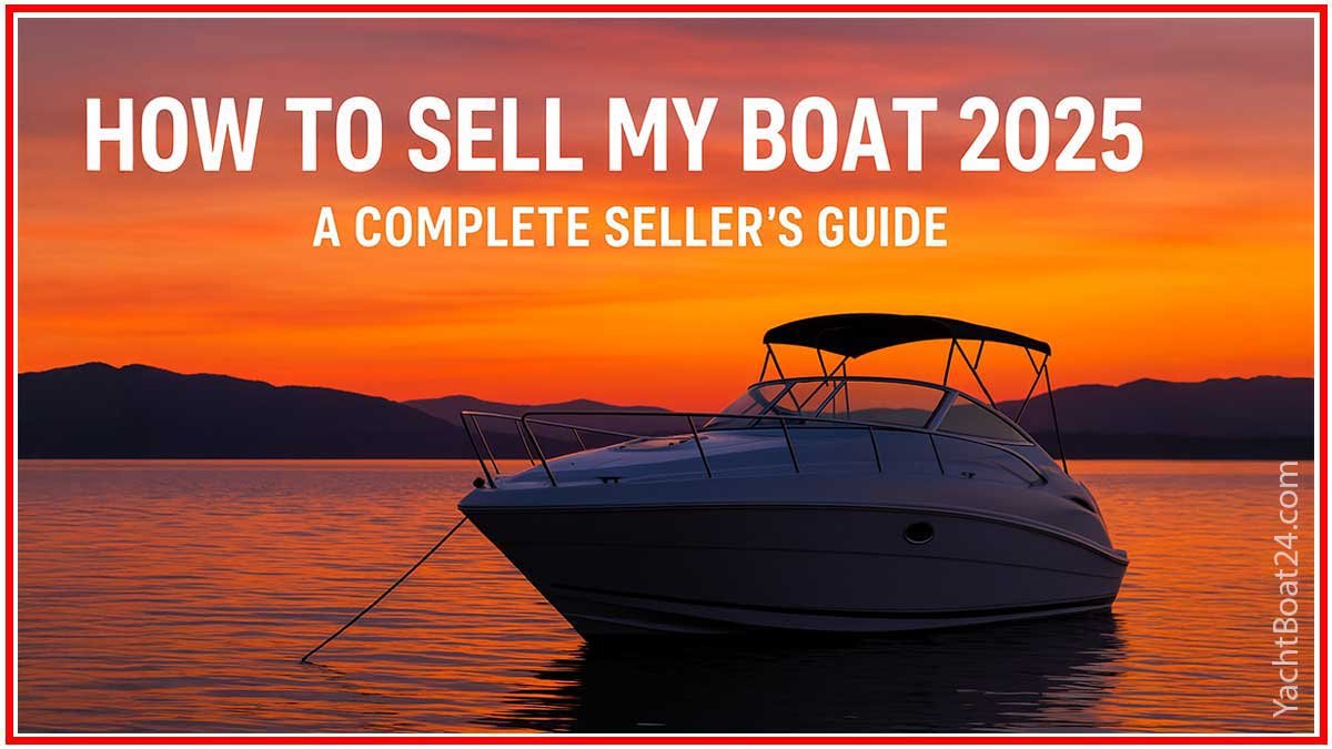 Sleek modern boat at sunset for how to sell my boat 2025 article featuring US yacht charter tips