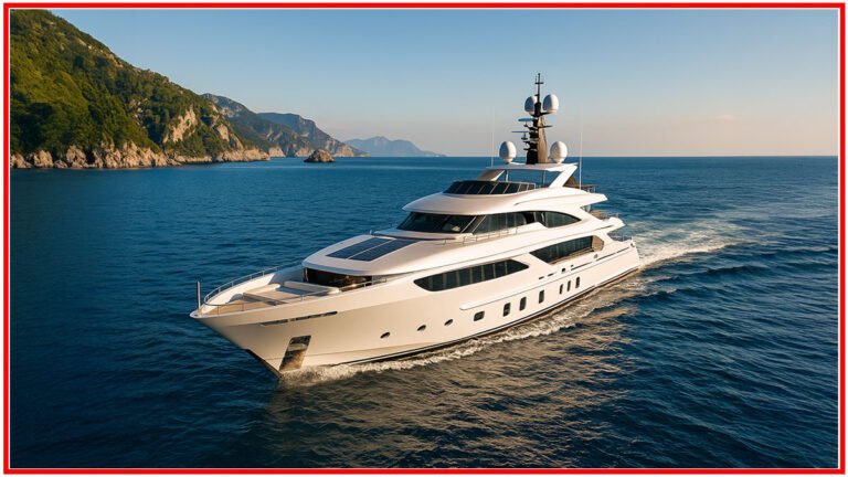 Luxury white superyacht sailing through clear Mediterranean waters with coastal cliffs in the background.