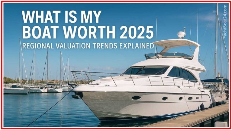 White motor yacht docked beside sailboats, illustrating what is my boat worth 2025